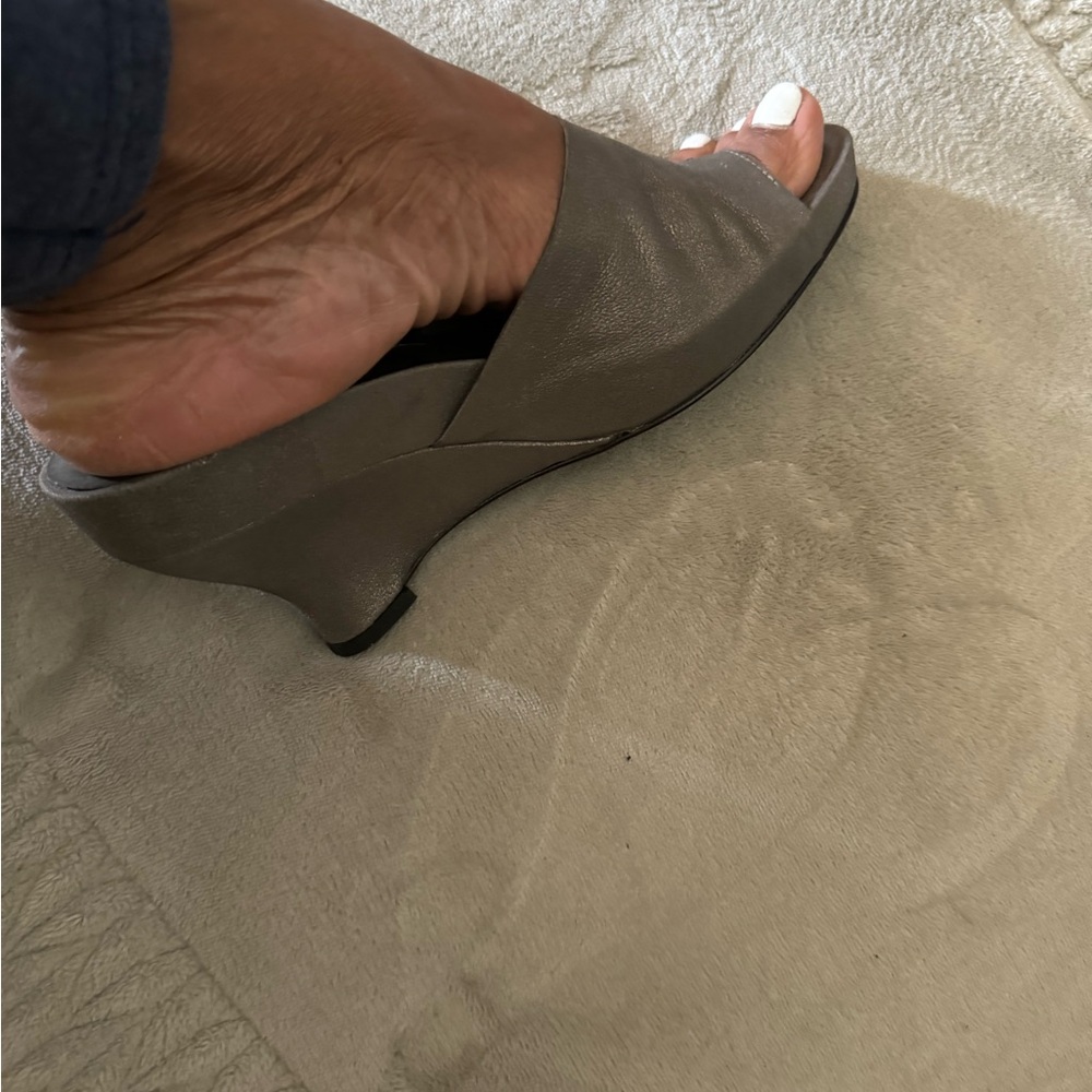 Women leather silver metallic Vaneli wedge sandals.